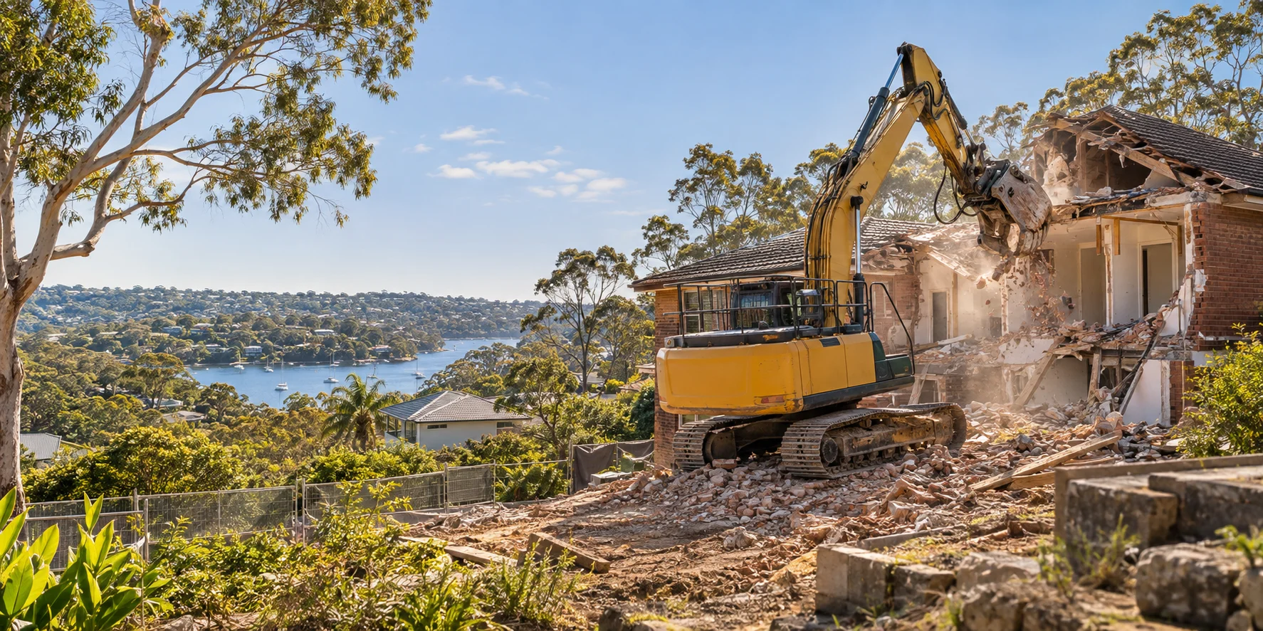 Illustration of an excavator demolishing a brick home in a Sutherland Shire inspired setting