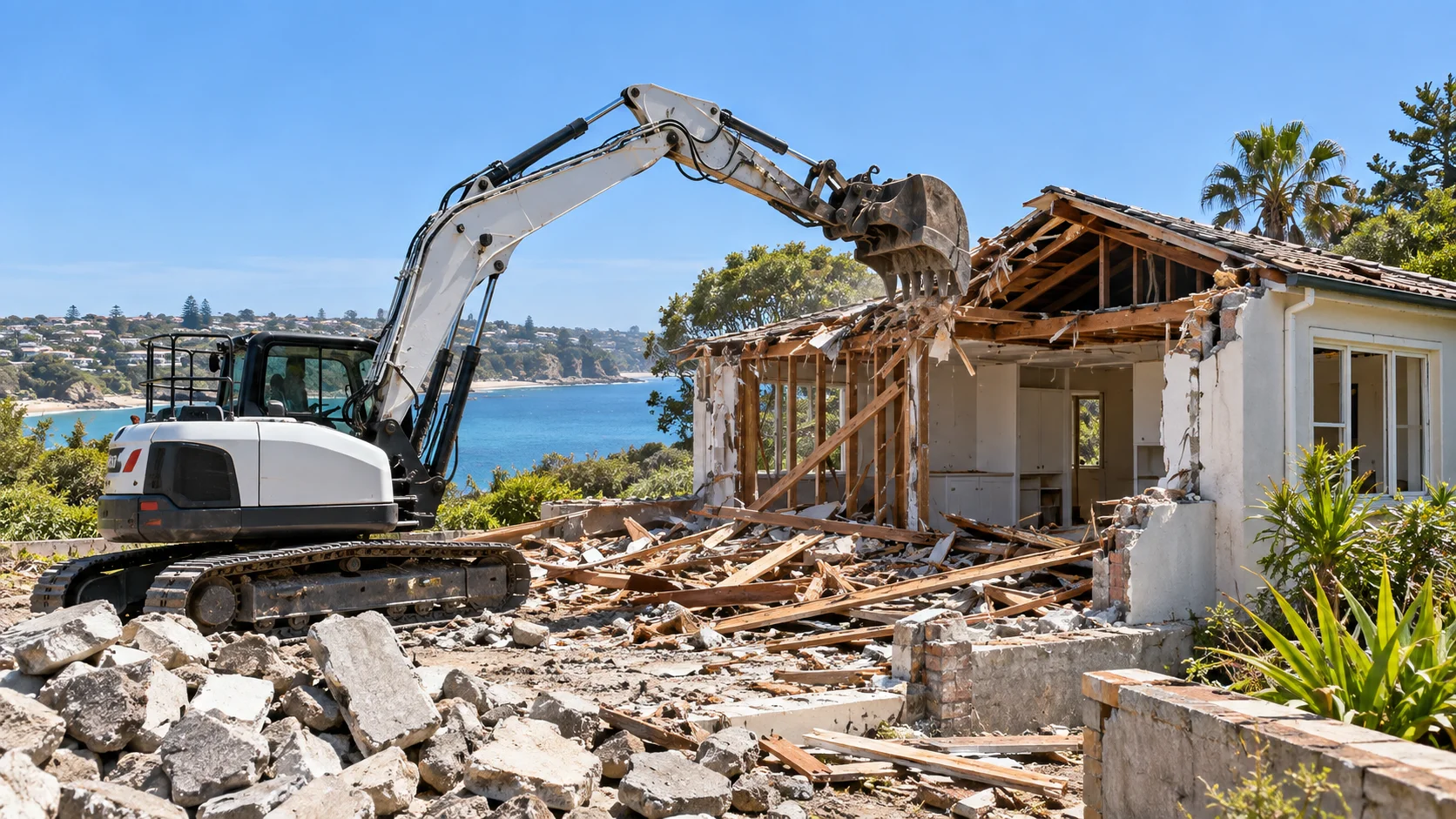 AI-generated realistic demolition scene in a Cronulla-inspired setting, not an actual project photograph
