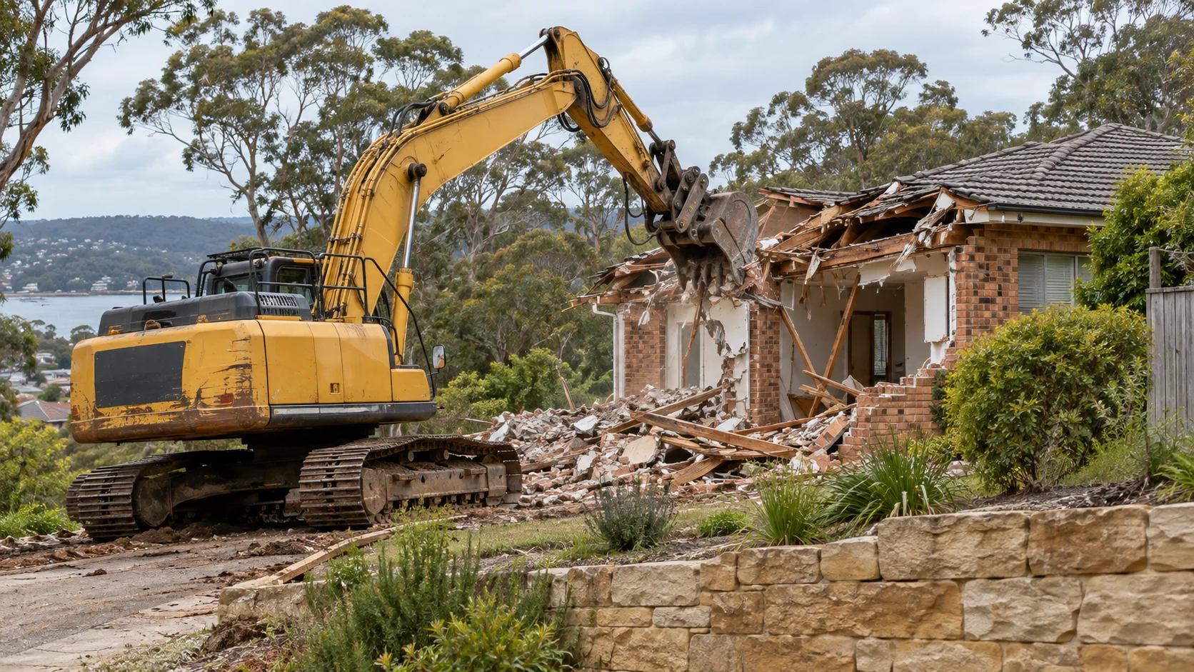 AI-generated realistic demolition scene in a Engadine-inspired setting, not an actual project photograph