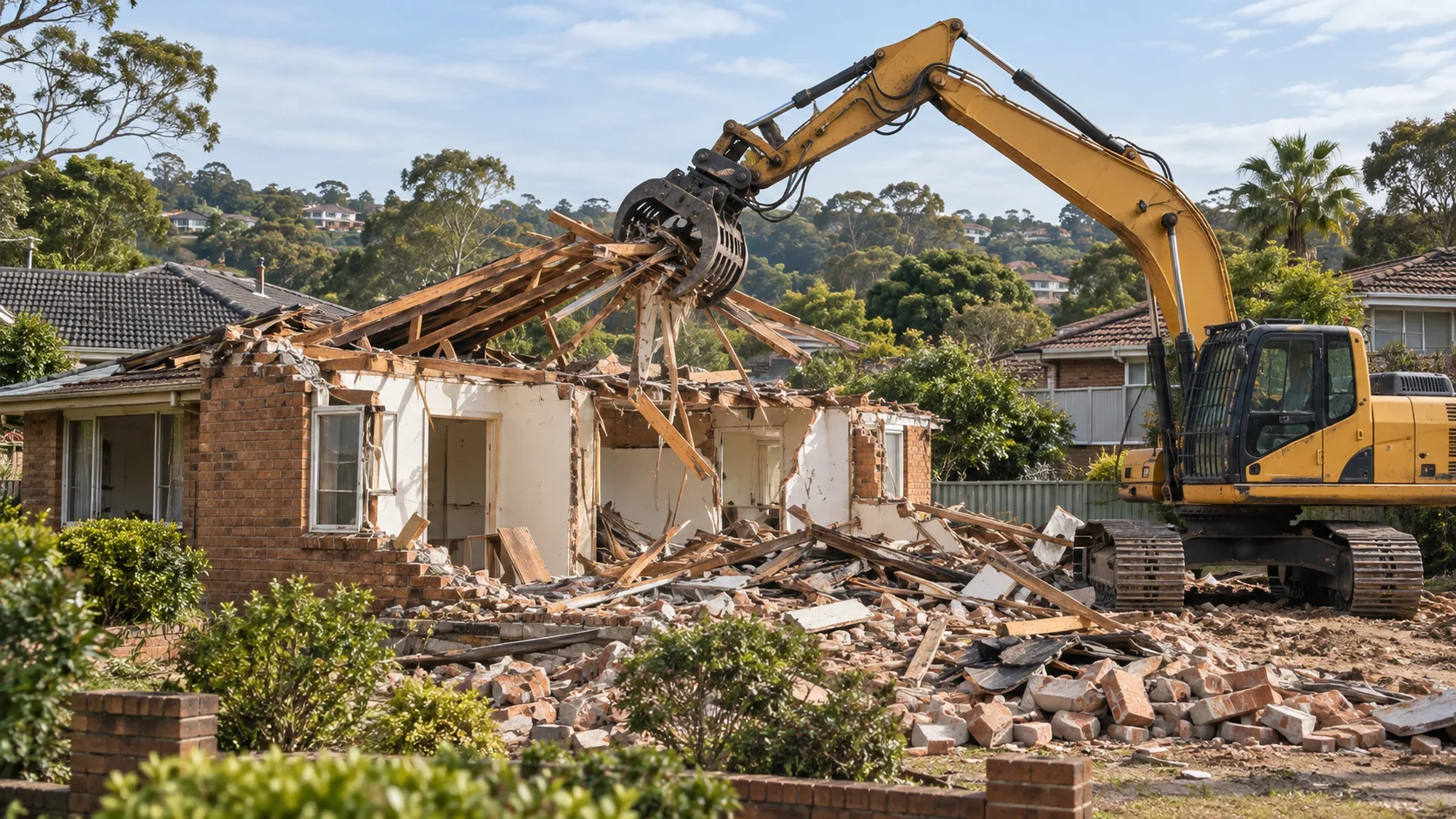 AI-generated realistic demolition scene in a Sutherland-inspired setting, not an actual project photograph